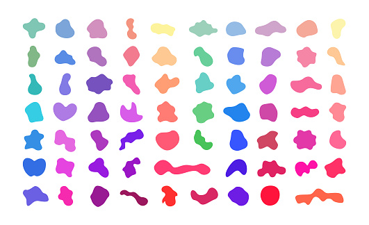 Irregular random shapes. Abstract blotch, inkblot and pebble silhouettes, liquid amorphous splodge elements. More colorful