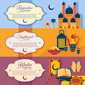 Islam horizontal banners set with Ramadan kareem traditional food and muslim praying symbols flat isolated vector illustration