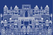 Islamic City Scape in blue and White complete with palm trees and a garden