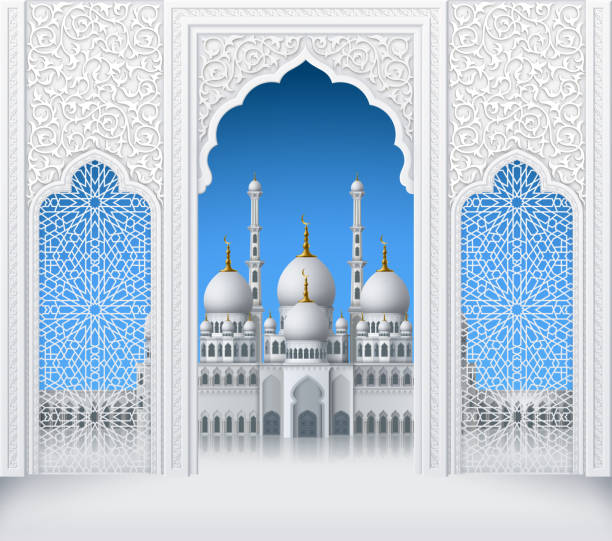 Islamic Design Arch with Mosque Illustration of door or window of mosque, geometric pattern, background for ramadan kareem greeting cards, EPS 10 contains transparency. arab culture stock illustrations