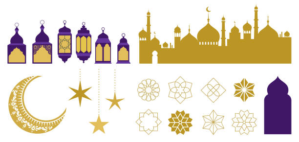 Islamic ornaments, symbols and icons. Vector illustration with moon, lanterns, patterns and city silhouette Islamic ornaments, symbols and icons collection. Vector illustration with moon, lanterns, patterns and city silhouette fanous stock illustrations
