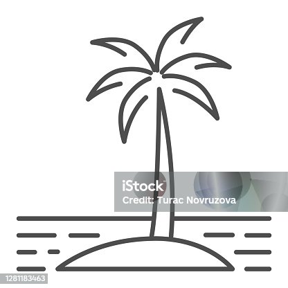 istock Island thin line icon, Sea cruise concept, Palm trees silhouette on beach sign on white background, Tropical Island with palms icon in outline style for mobile and web design. Vector graphics. 1281183463