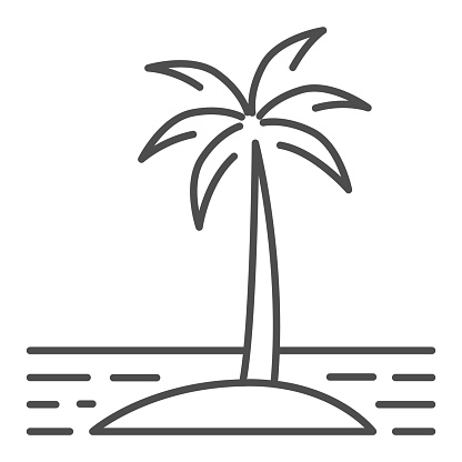 Island thin line icon, Sea cruise concept, Palm trees silhouette on beach sign on white background, Tropical Island with palms icon in outline style for mobile and web design. Vector graphics