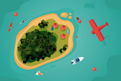 Island top view. Tropical sea resort with people. Bird view of an ocean. Summer vacation vector illustration.