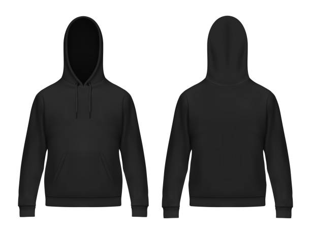 Isolated 3d men hoody or realistic man hoodie Isolated 3d or realistic man hoodie. Black men hoody with muff or kangaroo pocket, drawstrings. Sweatshirt or sweater with hood. Front and back of casual, sport clothing with long sleeve. Cloth mockup hoodie stock illustrations