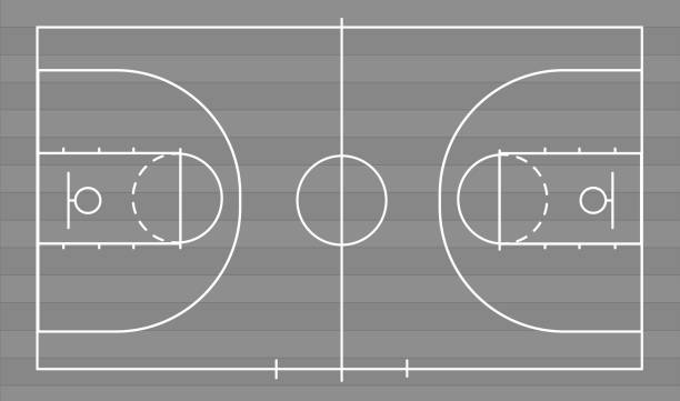 Isolated basketball field for ball game Isolated basketball court ball game on a gray field with parquet. Competitive sport on the site. Stadium with markings. Vector stock graphics. To plan a strategy for sites and applications. basketball court stock illustrations
