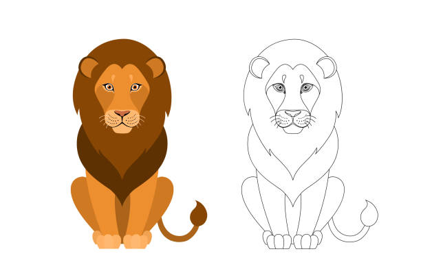 Isolated black outline and colorful cartoon sitting lion on white background. Line art. Page of coloring book. Isolated black outline and colorful cartoon sitting lion on white background. Line art. Page of coloring book cute cat coloring pages stock illustrations