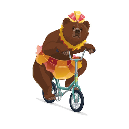 Isolated circus bear in skirt riding on bicycle