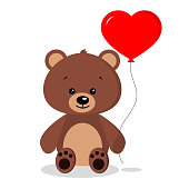 Isolated cute romantic brown bear with red balloon in sitting pose on white background in cartoon flat style. Vector illustration.