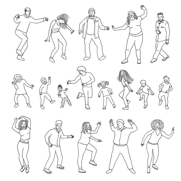 Isolated dancing people, children and adults vector art illustration