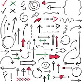 Isolated doodle vector arrows set (red, black and green), hand drawn