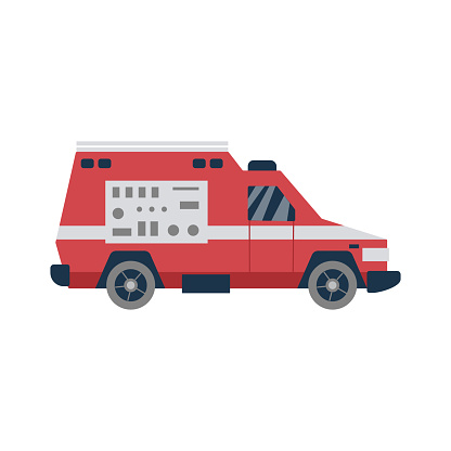 Isolated flat vector illustration of a red fire truck with an alarm system.