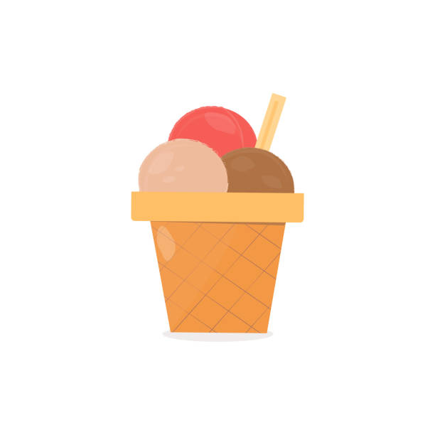 isolated image ice cream balls in a waffle cup isolated image ice cream balls in a waffle cup. Chocolate, vanilla, strawberry ice cream. Vector illustration, flat. bowl of ice cream stock illustrations