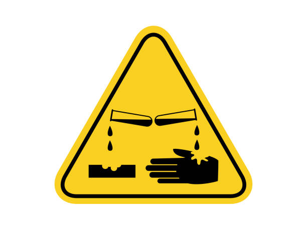 isolated materials causing skin corrosion burns , common hazards symbols on yellow round triangle board warning sign for icon, label, logo or package industry etc. flat style vector design. isolated materials causing skin corrosion burns , common hazards symbols on yellow round triangle board warning sign for icon, label, logo or package industry etc. flat style vector design. acid stock illustrations