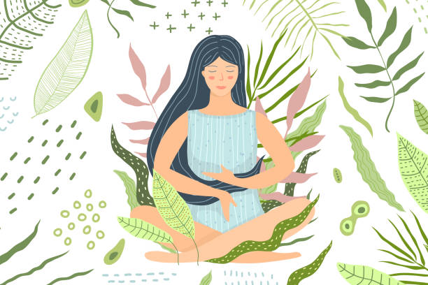 Isolated Meditation Girl in Nature Flat Design Peaceful mind and calmness. Yoga and meditation flat illustration. yoga drawings stock illustrations