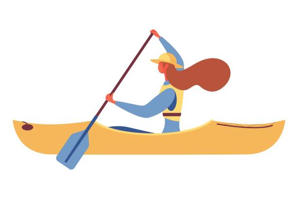 bildbanksillustrationer, clip art samt tecknat material och ikoner med isolerad på vit kvinna canoening med single-bladig paddel platt karaktär illustration för utomhus fritid aktivitet - woman kayaking