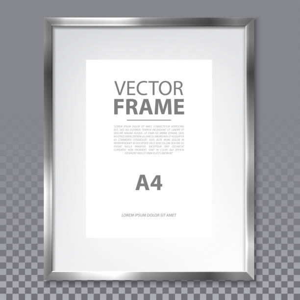 Isolated realistic A4 frame with metallic border Isolated realistic frame with metallic border on transparent background. Simple photo frame with A4 page and text. Modern 3d metal box for painting or advertising, show or gallery. Information board speech bubble photos stock illustrations