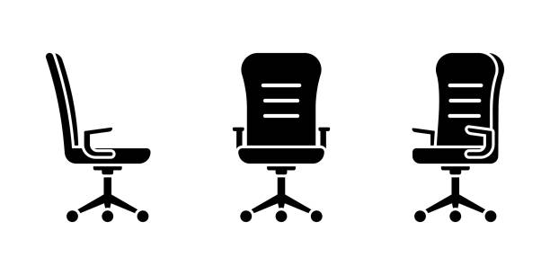 bildbanksillustrationer, clip art samt tecknat material och ikoner med isolerade rullande kontor stol vektor illustration ikon piktogram set. framsida, sidovy silhuett på vit - office chair
