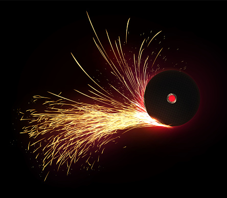 Isolated rotate abrasive disc with sparks on dark background. Technology and industrial vector illustration.