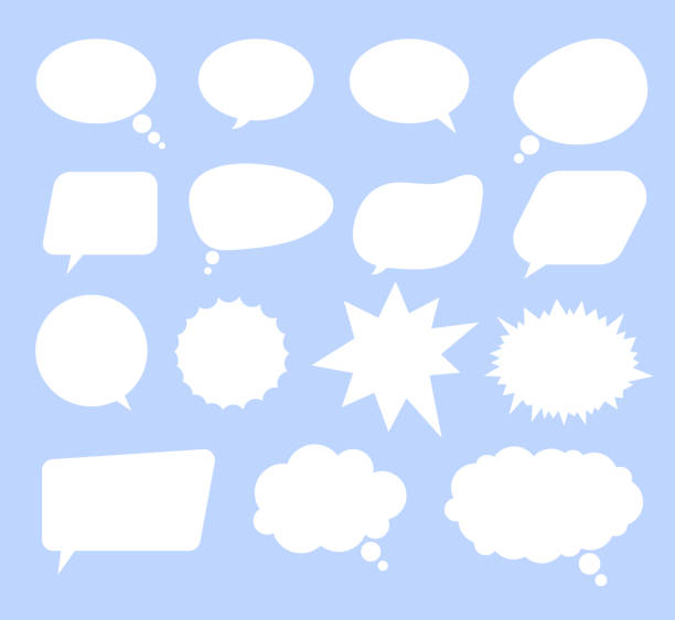 Isolated set of speech bubbles on blue background. Vector flat cartoon graphic design illustration Isolated set of speech bubbles on blue background. Vector flat cartoon graphic design bubble stock illustrations