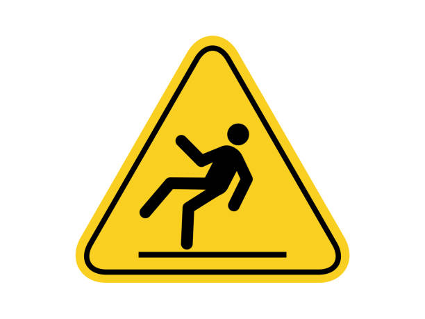 아이콘, 라벨, 로고 또는 패키지 산업 등 평면 스타일 벡터 디자인에 대한 노란색 원형 삼각형 보드 경고 기호에 고립 된 미끄러운 표면 일반적인 위험 기호. - 떨어짐 stock illustrations