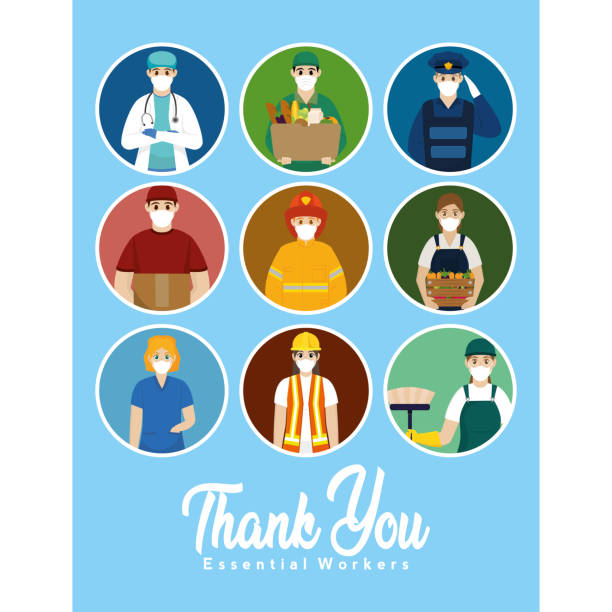 Isolated Team essential workers Isolated Team essential workers thank you banner blue- Vector frontline worker stock illustrations