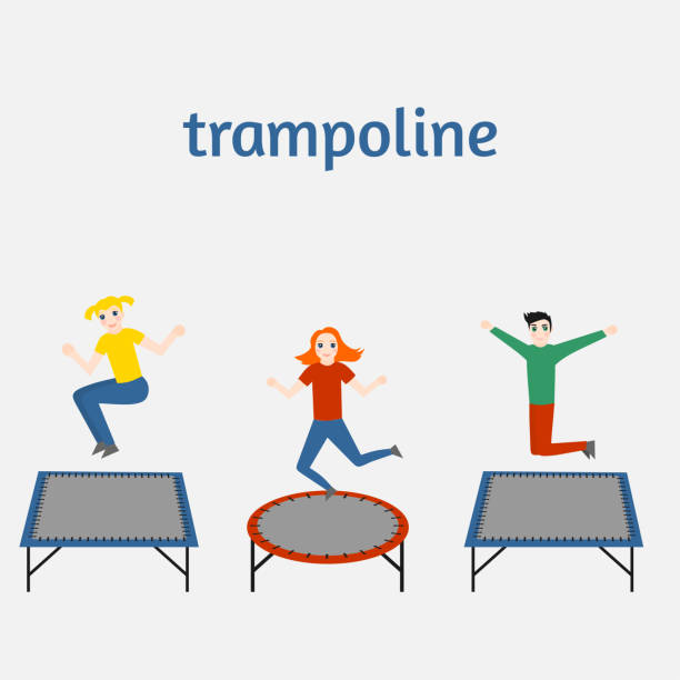 Isolated trampoline set for children and adults for fun. Fitness jumping activity realistic icon. Gymnastic sport Isolated trampoline set for children and adults for fun. Fitness jumping activity realistic icon. Gymnastic sport. clip art of kid jumping on trampoline stock illustrations