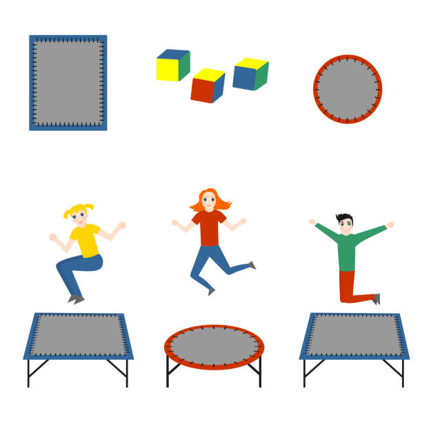 Isolated trampoline set for children and adults for fun. Fitness jumping activity realistic icon. Gymnastic sport Isolated trampoline set for children and adults for fun. Fitness jumping activity realistic icon. Gymnastic sport. clip art of kid jumping on trampoline stock illustrations