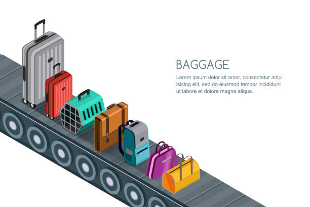 illustrations, cliparts, dessins animés et icônes de isolés vecteur 3d isométrique de l’illustration de bande transporteuse avec bagages, valises, sacs. concept pour les bagages enregistrés - bagage