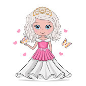 Isolated vector illustration of a fairy princess on a white background. Hearts and buns. A cartoon character.