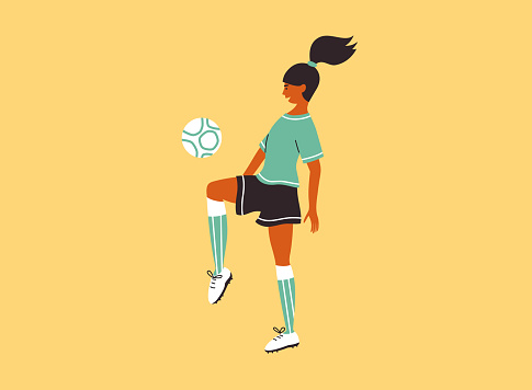 Isolated vector illustration of young female soccer player kicks ball on yellow background