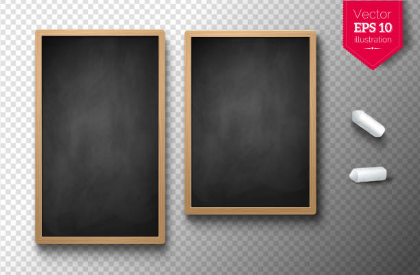 Isolated vertical menu boards with chalk pieces Vector illustration set of two isolated vertical menu boards with chalk pieces on transparency background. education borders stock illustrations