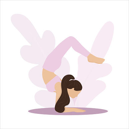 Isolated young woman character doing yoga. Scorpio pose. Love yoga.
