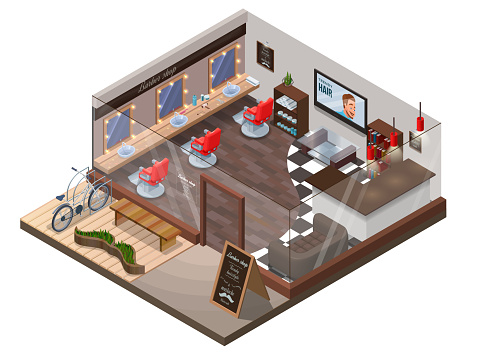 Isometric 3d Barber Shop Interior Hipster Hair Salon Design With