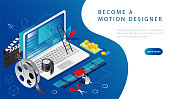 Isometric 3D Concept Of Video Editing, Video Production, Montage Courses. Man Shoot A Video, Then Edit It On Laptop With Computer Program Or Application And Monetize Job. Cartoon Vector Illustration.