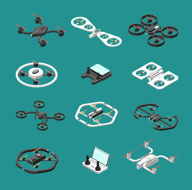 Isometric 3d drones. Uav unmanned aircrafts vector set Isometric 3d drones. Uav unmanned aircrafts vector set. Illustration of quadrocopter remote, transport quadcopter equipment drone clipart stock illustrations