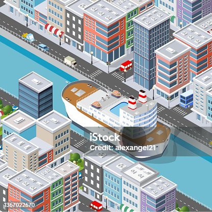 istock Isometric 3D illustration City with river embankment 1367022670