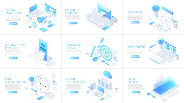 Isometric 3d illustrations set. Online shopping, planning, cloud technology and digital marketing with characters. Isometric 3d illustrations set. Online shopping, planning, cloud technology and digital marketing with characters. 3d icons stock illustrations