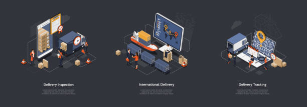 아이소메트릭 3d 국제 배송 및 글로벌 물류. 작업 직원은 대형 위탁 해상, 육상 및 철도 운송의 배달의 많은 주문을 처리합니다. 벡터 일러스트레이션 세트 - 화물 운송 stock illustrations