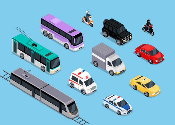 Isometric 3d Transport Set Flat Design Isometric 3d transport set flat design. Car vehicle, transportation traffic, truck van, auto cargo, bus and automobile, police and motorcycle illustration traffic clipart stock illustrations