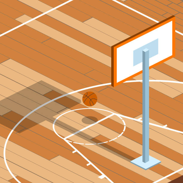 illustrazioni stock, clip art, cartoni animati e icone di tendenza di campo da basket illustrazione vettoriale 3d isometrica con palla - floor top view