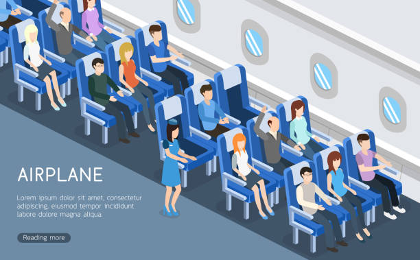Isometric 3D vector illustration interior plane with passengers for landing page Isometric 3D vector illustration interior plane with passengers for landing page airport clipart stock illustrations