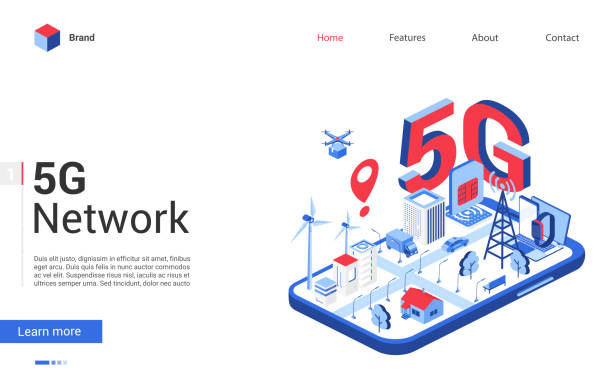 Isometric 5g network vector illustration, modern concept banner, website design with cartoon 3d tech mobile networking technology for smart city Isometric 5g network vector illustration. Modern concept banner, website design with cartoon 3d tech mobile networking technology for smart city, 5g high speed telecommunication wireless connection 5g stock illustrations