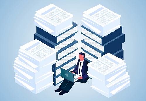 Isometric a businessman sitting inside a pile of documents busy work, heavy and a lot of work stress, office work with paperwork