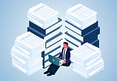 istock Isometric a businessman sitting inside a pile of documents busy work, heavy and a lot of work stress, office work with paperwork 1408785795