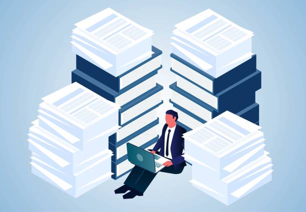 Isometric a businessman sitting inside a pile of documents busy work, heavy and a lot of work stress, office work with paperwork vector art illustration