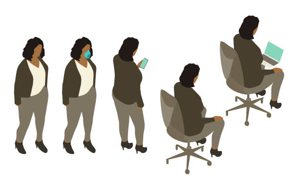 Isometric African American woman icons Five views of the same African American woman in different views, poses, angles, or positions can be useful for storytelling in diagrams, charts, and other visual channels — especially those in which the same person would be shown more than once. Instances of the same character are seen standing, sitting on an office swivel chair, with PPE/face mask, and with technology devices including a mobile phone and laptop computer. Illustrations are shown on a white background in isometric view. black woman using phone stock illustrations