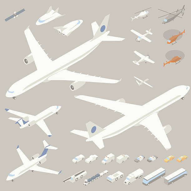Isometric Airplanes and Flying Vehicles Flying vehicle icons presented in isometric view in a flat vector illustration style. Included are a large jetliner (a passenger or cargo jet), private charter plane, a small airplane, helicopters, unmanned drone, communications satellite, futuristic space shuttle, and airport ground vehicles including taxis, buses, luggage loaders, and jet fuel truck. private plane stock illustrations