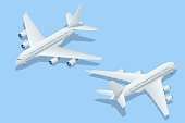 istock Isometric Airplanes on Blue Background. Industrial Blueprint of Airplane. Airbus Industries EADS Airbus A380 super jumbo large wide body passenger 1363340770