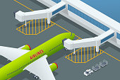 istock Isometric Airport embarking on airplanes Airbus. Air passengers during embarkation. Jet Bridge movable skybridge at airport 1363340744